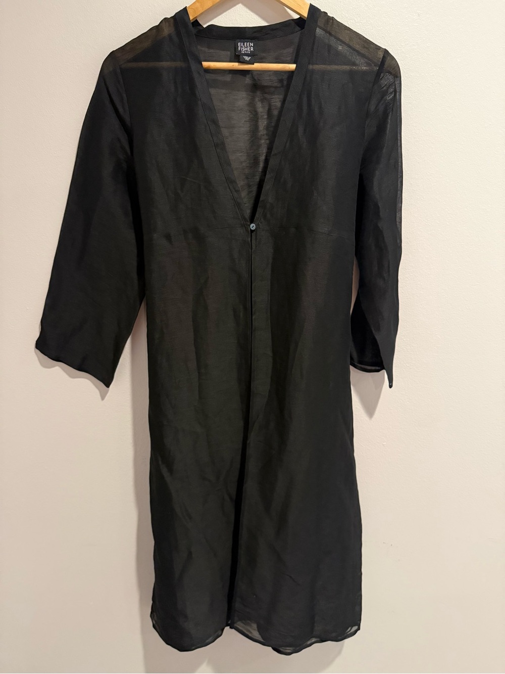Eileen Fisher Petite Sheer Silk Long Cardigan Duster Black PM